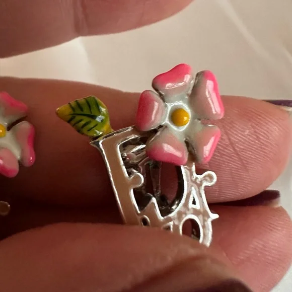 Christian Dior Pink Enamel Floral Logo Clip-On Earrings EUC - Picture 7 of 10